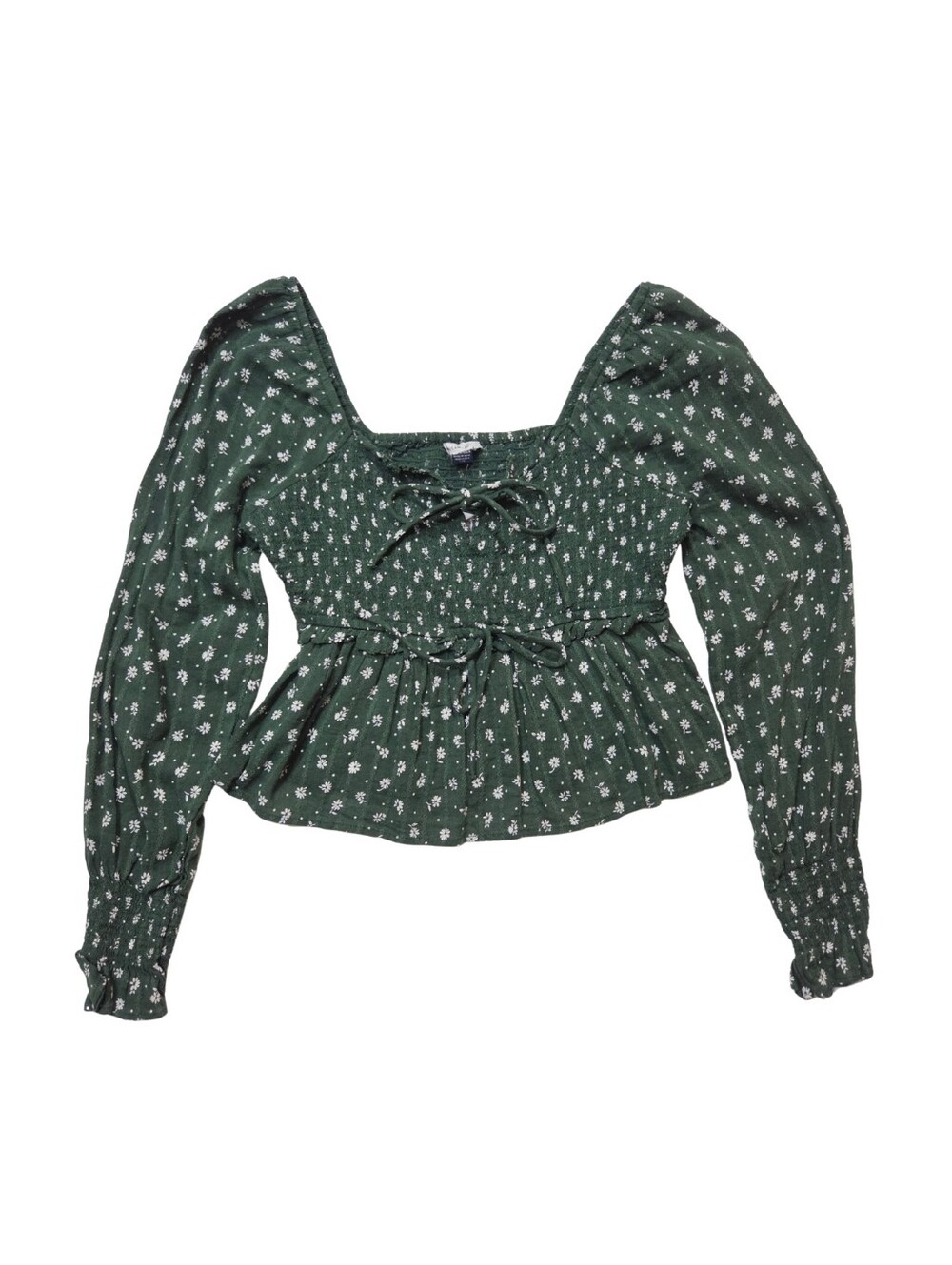 American Eagle Womens XS Babydoll Top Long Sleeve Smocked Green Floral Peasant
